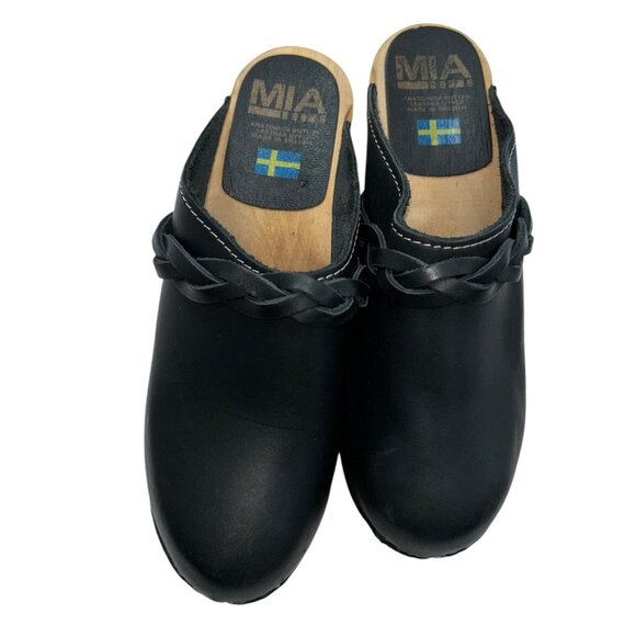 MIA Sweden Scandinavian black braided leather trim wooden classic clogs 38 7 - Picture 1 of 5